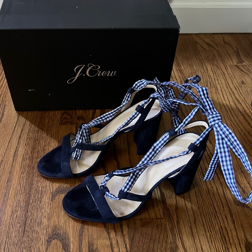 J CREW | Navy Gingham Lace Up Stella Sandal 💙